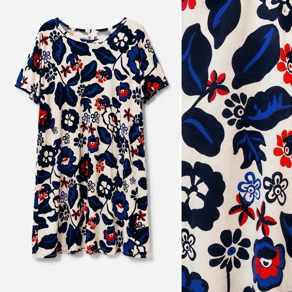 LuLaRoe Marley Dress 3XL Blue Red Floral Swing‎ Tunic T- Shirt Stretch Comfort